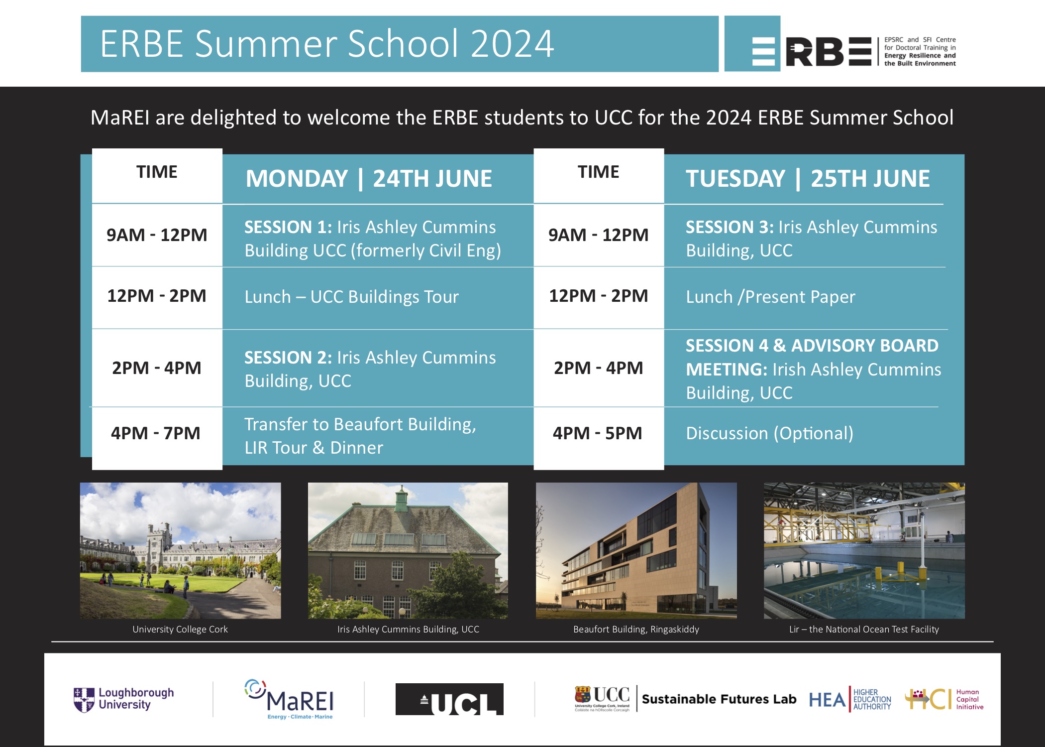 ERBE Summer School 2024 graphic. 24 June 9am start, 7pm finish. 25 June 9am start, 5pm finish